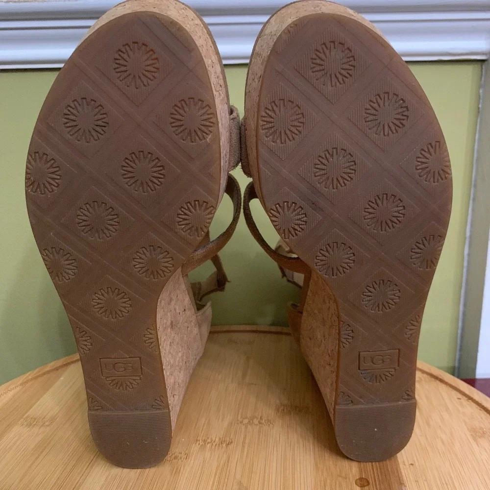 UGG Wedge Sandals Womens 8.5 Chestnut Whitney Suede Cork Platform  Strappy Heel